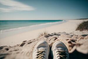 Sommer- Ferien leeren Strand durch das Ozean generativ ai foto