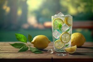 frisch Limonade mit Eis Würfel und Zitrone generativ ai foto