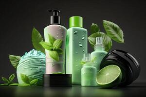 kosmetisch Flasche mit Grün Limette und Minze Blatt Illustration generativ ai foto