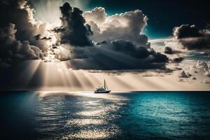 Segeln Meer Yacht Segel unter das Sonne Strahlen von das Wolken generativ ai foto