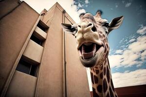 Giraffe auf das Hintergrund von das Haus sieht aus in das Kamera Illustration generativ ai foto