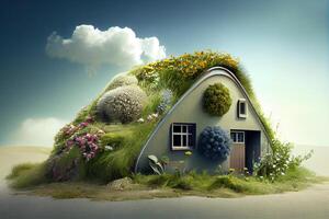 Grün Öko Haus mit Pflanzen Illustration generativ ai. foto