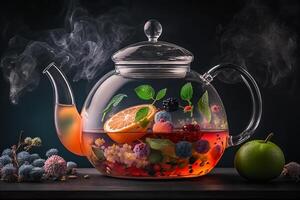 heiß Obst Tee mit Beeren im ein Glas Teekanne generativ ai foto