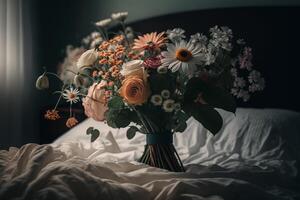 8 März Geschenk Frauen Urlaub, Strauß von Blumen im Bett Illustration generativ ai foto