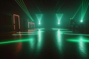 Grün Laser auf ein leeren tanzen Fußboden im ein Nachtclub, Illustration generativ ai foto