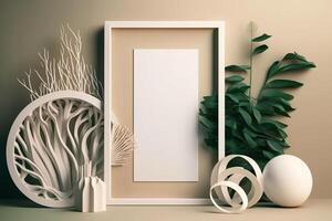 Weiß leeren Segeltuch Rahmen mit Dekor und Grün Pflanzen generativ ai foto