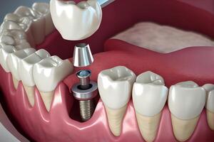 Installation implantieren Zahn, Metall Schraube und Weiß Krone Zahn von ein Dental Pflege Illustration generativ ai foto