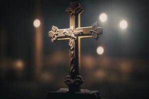 Metall Kreuz durch Licht Strahl, Vertrauen im Gott generativ ai foto