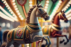 Kinder Pferd Nacht Karussell, draussen Attraktion im Zirkus generativ ai foto