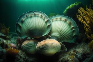 Meer Jakobsmuschel unter Wasser im das Ozean generativ ai foto