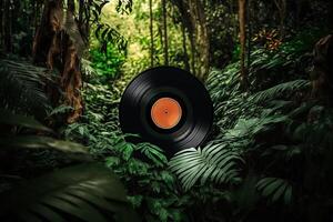 Vinyl Aufzeichnung auf Grün Urwald Hintergrund generativ ai foto