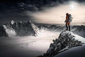 Mann Bergsteiger Klettern Everest schneebedeckt Berge Illustration generativ ai foto