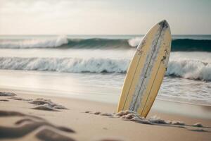Surfbrett kleben aus im das Sand auf das Strand generativ ai foto