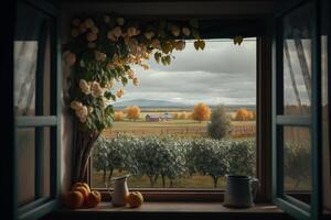 Aussicht von das Fenster auf das Herbst Landschaft generativ ai foto