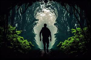 Silhouette von ein Athlet Laufen im ein dunkel Wald Illustration generativ ai foto