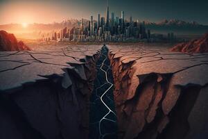Fraktur im das Erde von ein Erdbeben, Riss Boden Illustration generativ ai foto