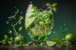 kalt frisch Mojito mit Eis Minze und Limette im ein Glas, Sommer trinken Illustration generativ ai foto