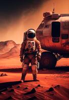 Astronaut auf Mars und Mars Rover, Expedition auf rot Planet Illustration generativ ai foto