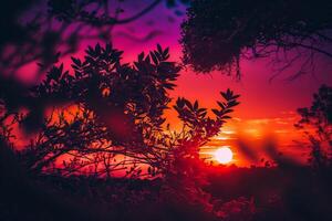 Wüste rot Purpur Sonnenuntergang, heiß Abendlandschaft generativ ai foto