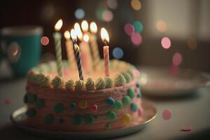 feiern Geburtstag Kuchen mit Kerzen niedrig Licht Illustration generativ ai foto