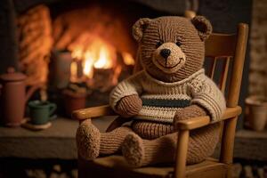 Teddy Bär im ein Stuhl durch das Kamin generativ ai foto