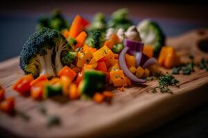 Kochen im das Küche frisch gehackt Gemüse auf ein hölzern Tafel Illustration generativ ai foto