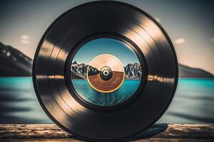 Musik- runden Vinyl Aufzeichnung auf das Hintergrund von Blau Wasser Landschaft generativ ai foto