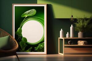 Grün Mauer mit Rahmen Attrappe, Lehrmodell, Simulation mit Pflanzen Dekoration Schönheit Innere generativ ai foto