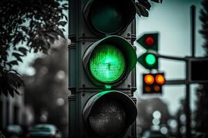 der Verkehr Licht mit Grün Licht, Zeit zu Handlung Konzept Illustration generativ ai foto