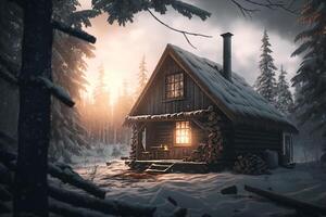Winter hölzern Haus zum sich ausruhen generativ ai foto