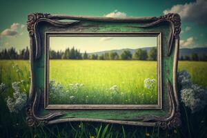 Rahmen mit leeren Raum auf Sommer- Grün Natur Hintergrund generativ ai foto