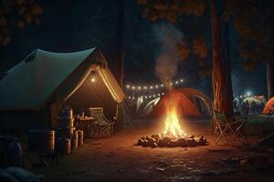 Lagerfeuer Abend Feuer im Natur im ein Zelt, aktiv sich ausruhen generativ ai foto