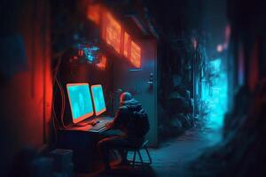 Cyber Sicherheit Hacker beim ein Computer im ein dunkel Zimmer Cyber Stil Neon- Beleuchtung Illustration generativ ai foto