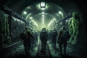 Gehen Zombies im das U-Bahn Strahlung Apokalypse Illustration generativ ai foto