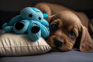 Hund Haustier ruhen mit ein Spielzeug Tintenfisch auf das Bett generativ ai foto