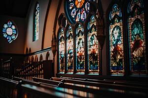 Gott Tempel, bunt Kirche mit hoch Decken generativ ai foto