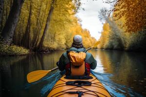 ein Kajak Kanu schwimmt entlang Herbst Wald auf Fluss generativ ai foto