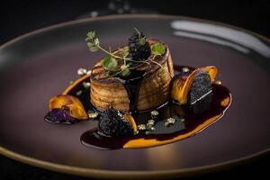 angebraten Foie gras serviert mit ein Feige die Ermäßigung und Balsam generativ ai foto