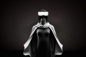 Frau im Weiß Kleider tragen virtuell Wirklichkeit vr Brille Digital Handy, Mobiltelefon Technologie Illustration generativ ai foto