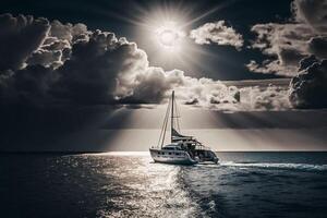 Segeln Meer Yacht Segel unter das Sonne Strahlen von das Wolken generativ ai foto