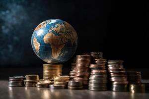 Globus und Stapel mit Münzen. Geld macht das Welt gehen runden. generativ ai foto