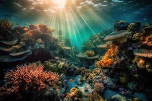 Tiere von das unter Wasser Meer Welt. Ökosystem. bunt tropisch Fisch. Leben im das Koralle Riff. generativ ai. foto