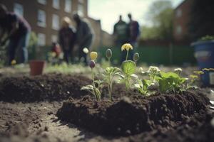 Gemeinschaft Gartenarbeit Projekt. generativ ai foto