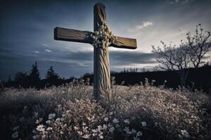 Kreuz im das Mitte von das Wald. Christentum Konzept. generativ ai foto