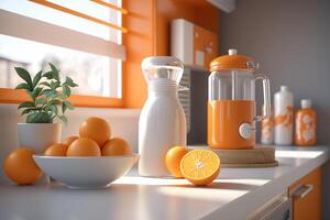 ein Küche Zähler mit Orangen und ein Anlage, generativ ai foto