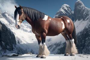 ein braun und Weiß Pferd Stehen auf oben von ein Schnee bedeckt Berg, generativ ai foto