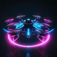 Neon- Drohne mit Kamera. Neon- Drohne Farbe. Illustration von ein Quadrocopter bestehend aus von Neon- Umrisse, mit Hintergrundbeleuchtung auf das dunkel Hintergrund. generativ ai. foto