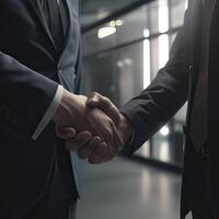 zwei zuversichtlich Geschäft Mann zittern Hände während ein Treffen im das Büro, Erfolg, Umgang, Gruß und Partner Konzept. generativ ai. foto