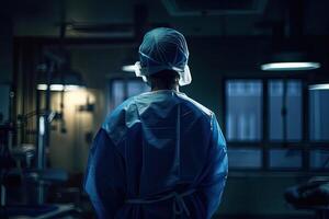 Hälfte Körper zurück Aussicht von ein Gesundheit Pflege Arbeiter Stehen im ein Krankenhaus. nicht existent Person. generativ ai. foto