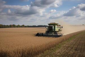 Ernte von Sojabohne Feld mit kombinieren.generativ ai foto